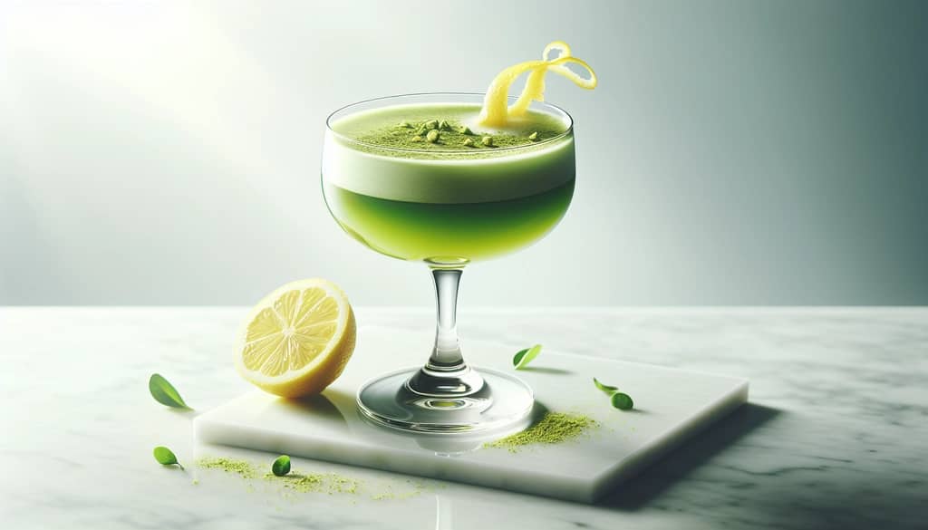 matcha sour cocktail in coupe glass with lemon peel