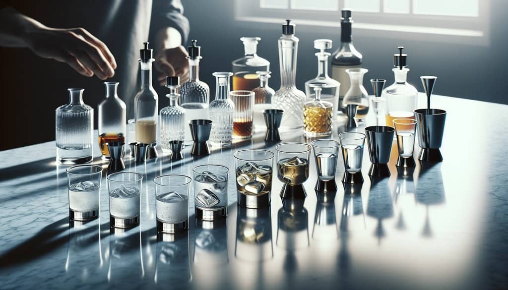 abgemessene Cocktailzutaten aufgereiht