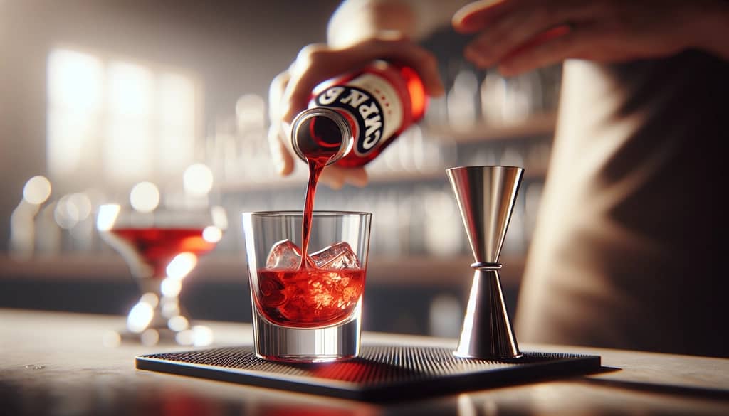 Measuring Campari with jigger into glass
