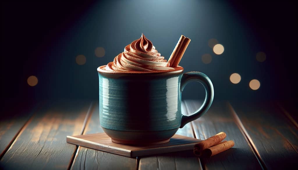 Mexican chocolate coffee in a mug with cinnamon stick