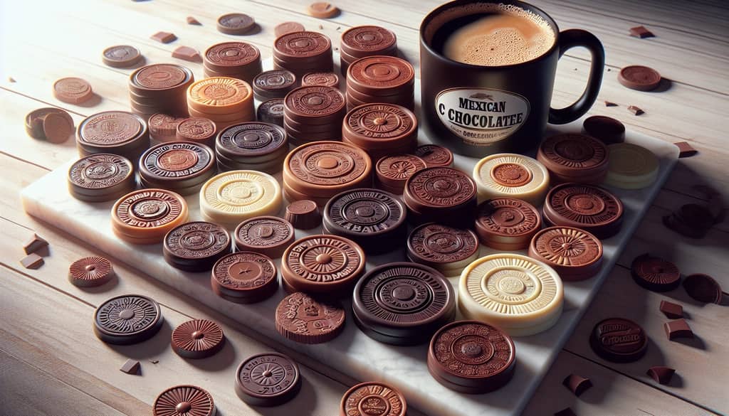 A collection of Mexican chocolate branded disks and a mug of coffee