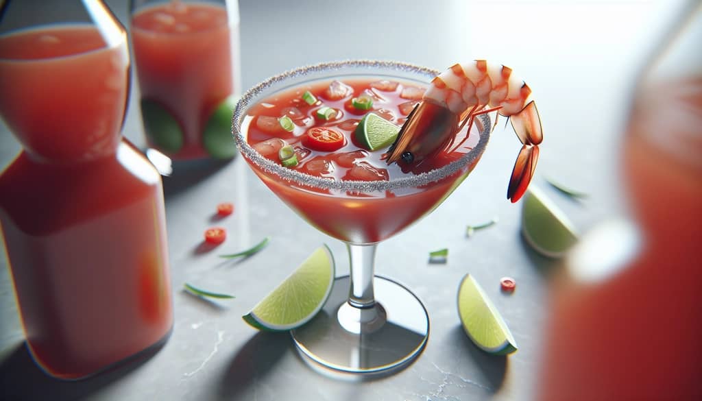 martini udang Meksiko dalam gelas koktail dengan hiasan udang dan jeruk nipis