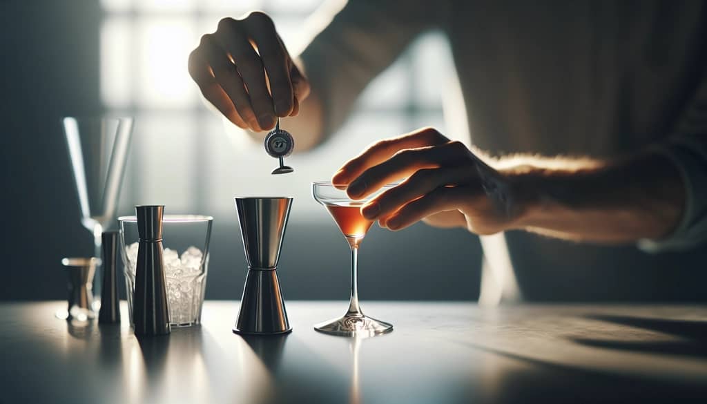 measuring mezcal and Aperol for Division Bell cocktail