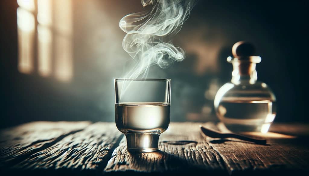 mezcal en un vaso con fondo ahumado