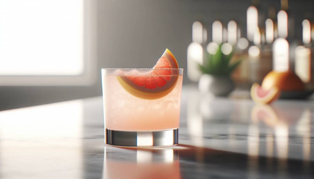 margarita de mezcal y toronja en vaso old fashioned con cuña de toronja