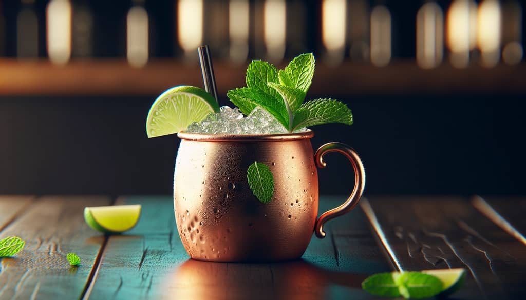 mezcal mule in a copper mug with mint