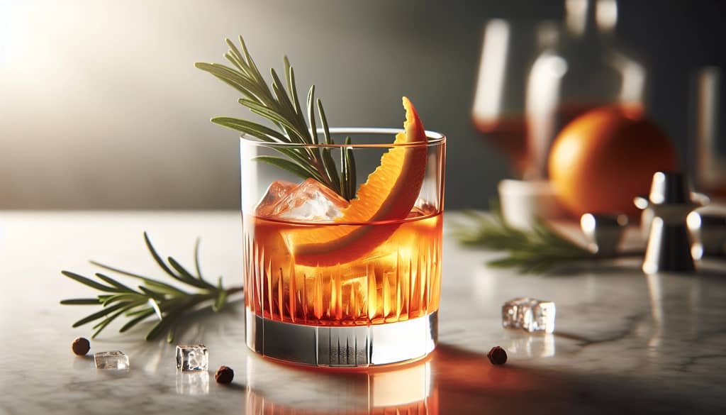 mezcal negroni with aperol and herbal garnish