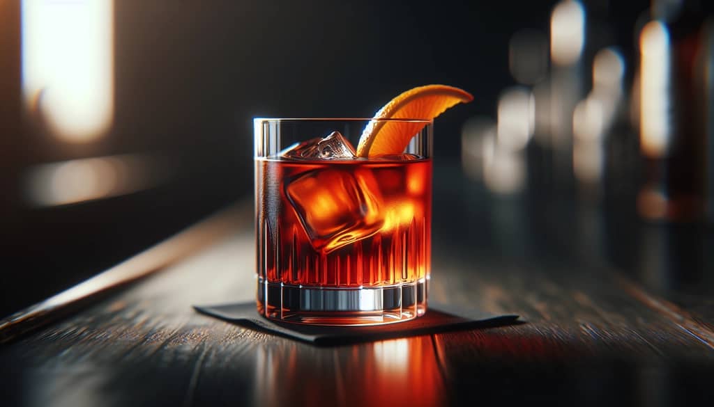 Cóctel mezcal negroni en un vaso old fashioned con toque de naranja