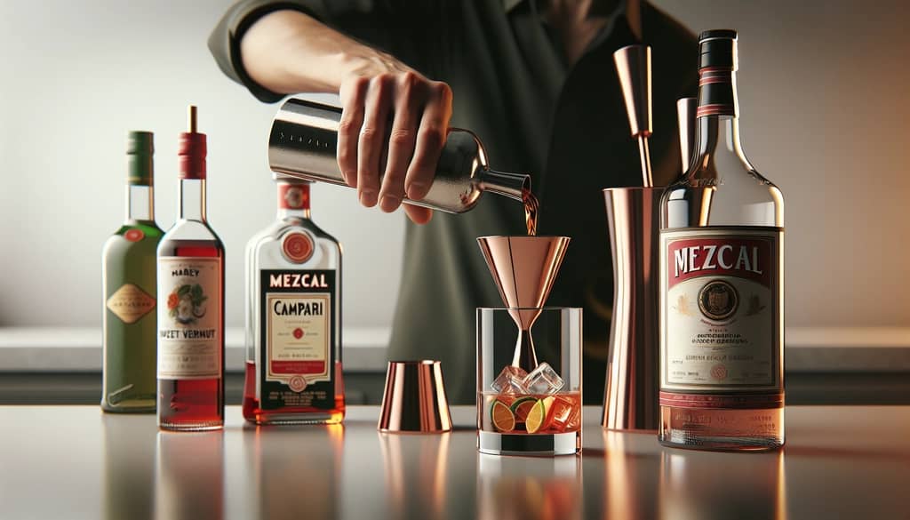 mezcal negroni ingredients measured in jigger