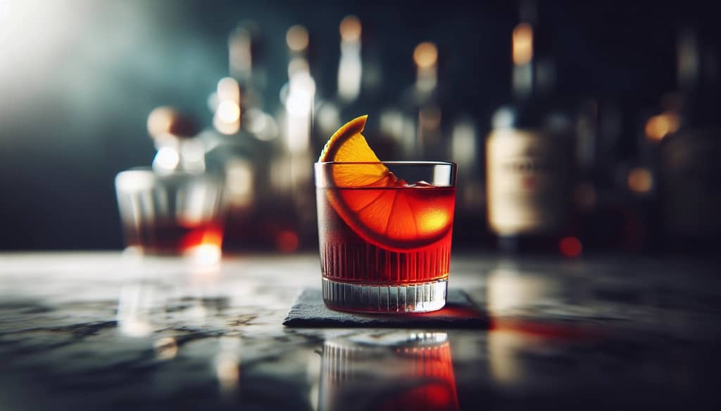 mezcal negroni in a tumbler with orange peel