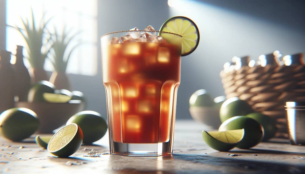 michelada in a beer glass with lime