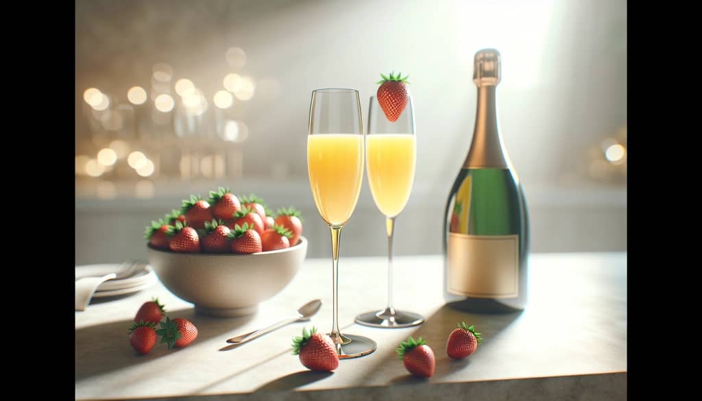 mimosa bar setup with champagne, strawberries, and flutes
