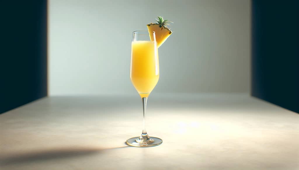 mimosa con jugo de piña y vodka en copa flauta con cuña de piña