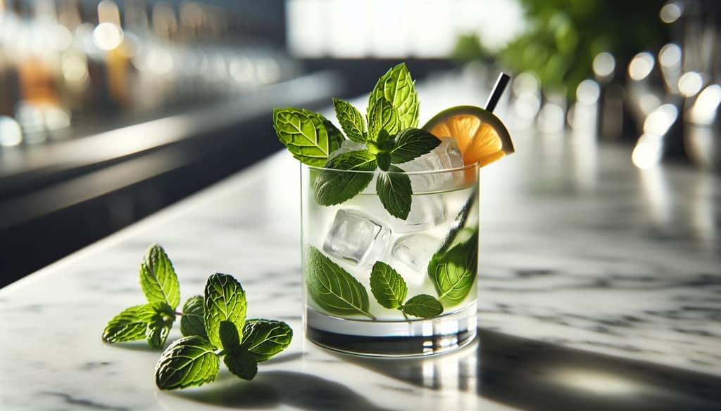 ramitas de menta y hojas de albahaca en cóctel