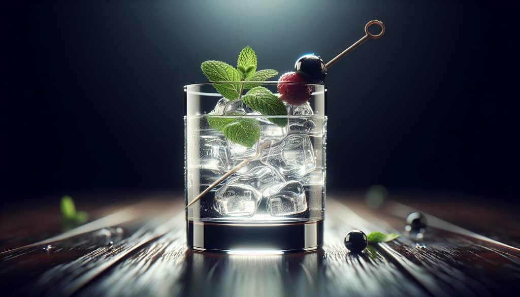 cocktail with fresh mint and berry skewer garnish