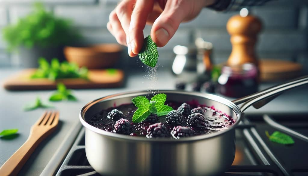 mint being added to blackberry jam in a saucepan