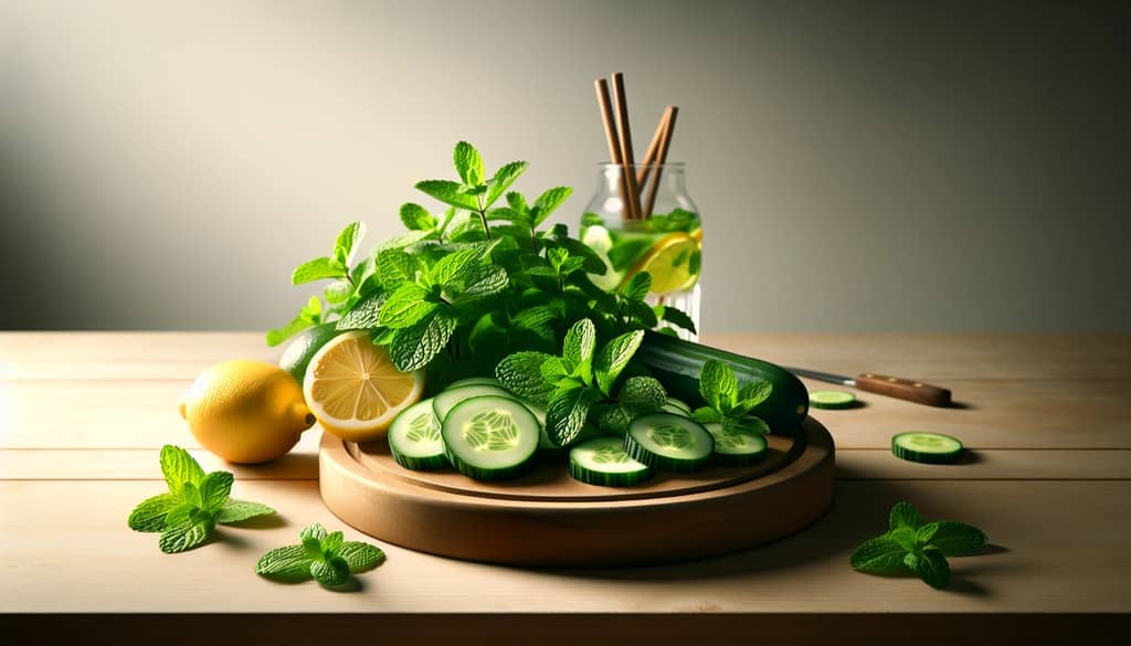 mint, cucumber, and lemon slices displayed for cocktail garnishing