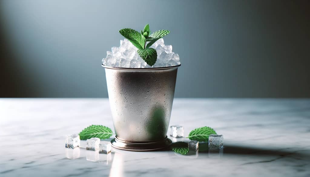 silver julep cup filled with crushed ice and mint