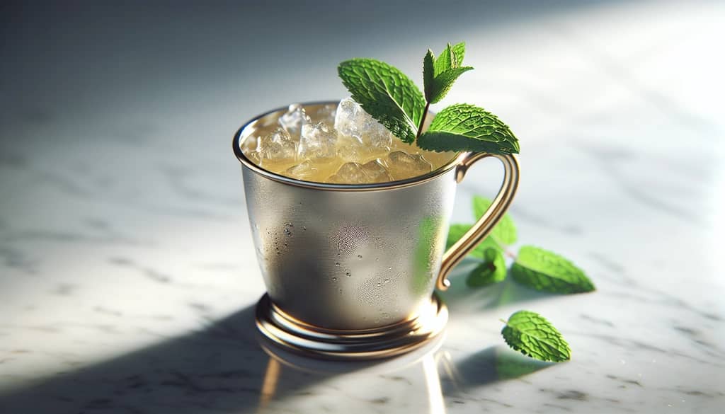 mint julep cocktail in metal cup with mint garnish