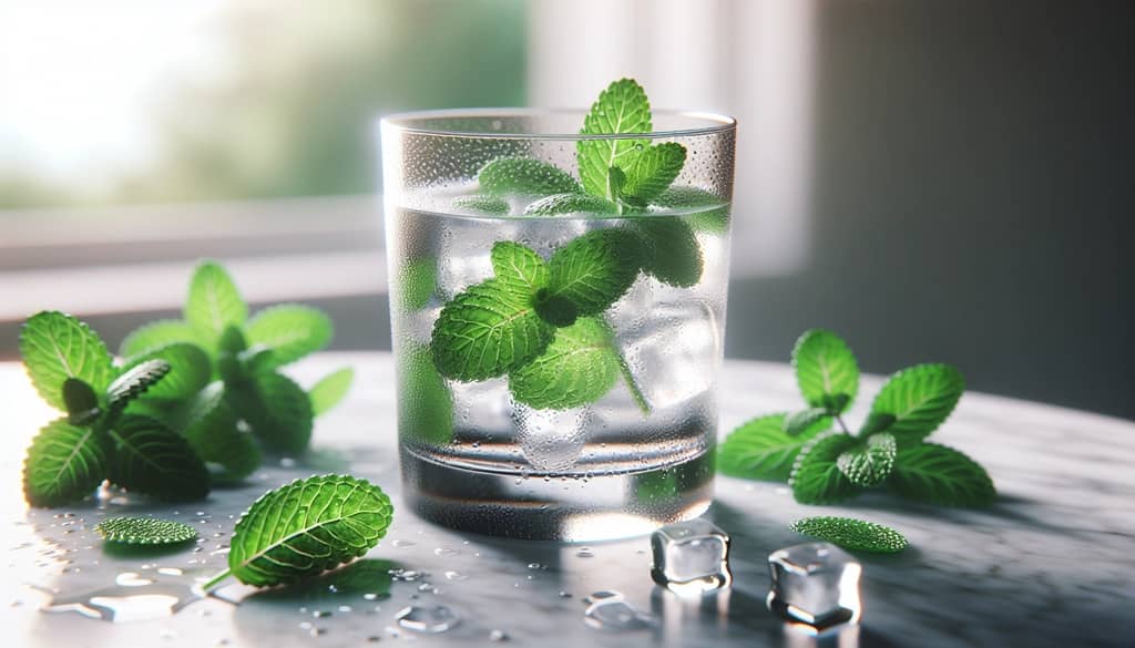 Glass and fresh mint leaves on marble