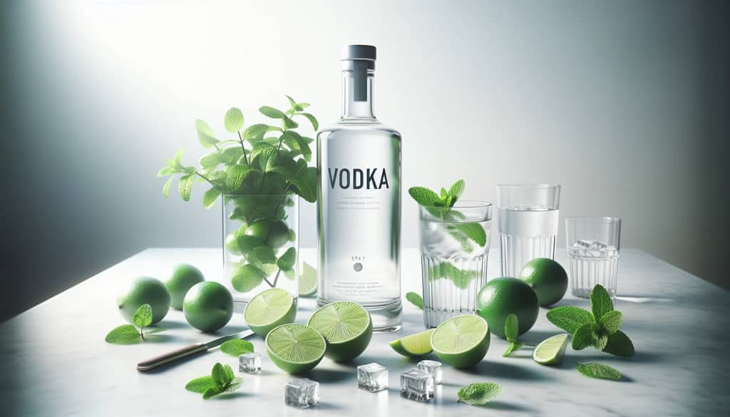 mint and lime with vodka bottle