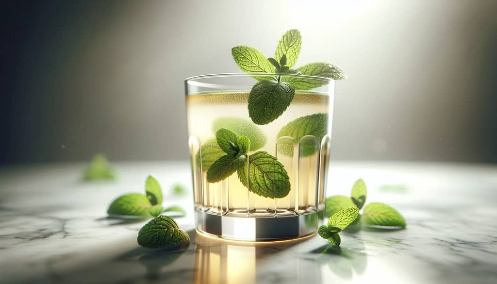 mint sprigs in glass of iced drink
