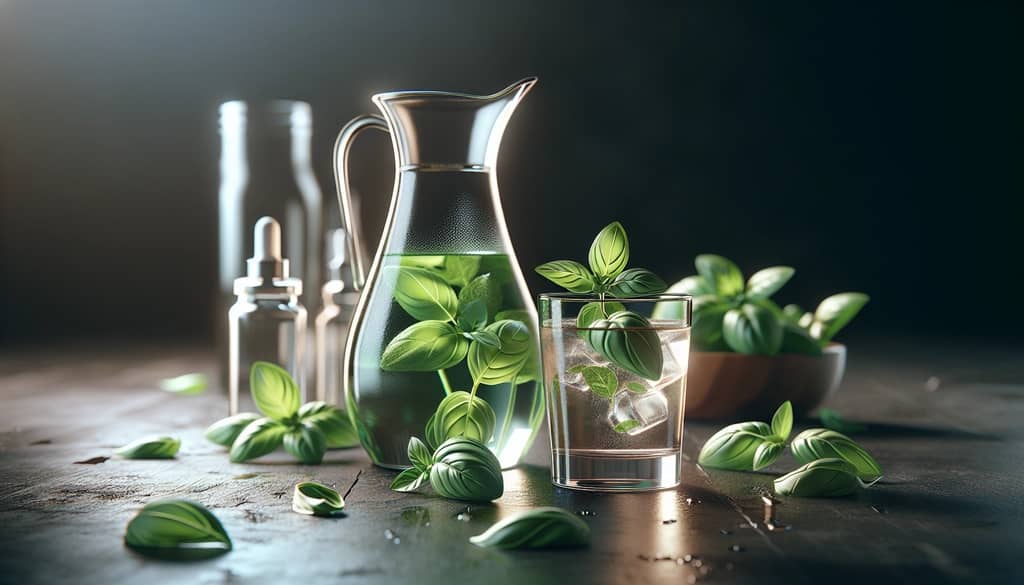 mint syrup and basil leaves next to a glass