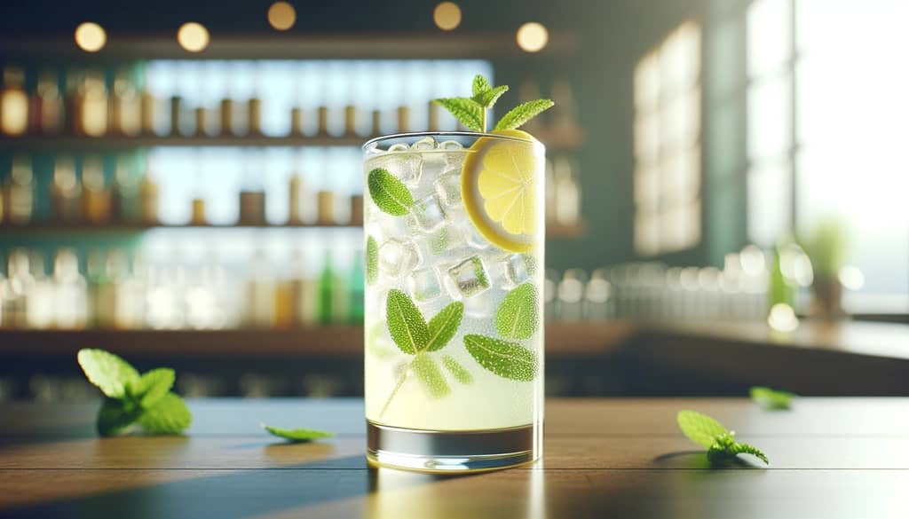 Tall glass of minty lemon fizz mocktail with lemon slice garnish