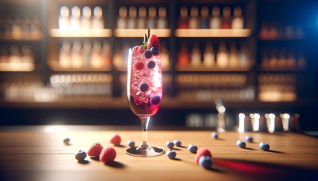 Mixed berry gin fizz garnished with berries in glass