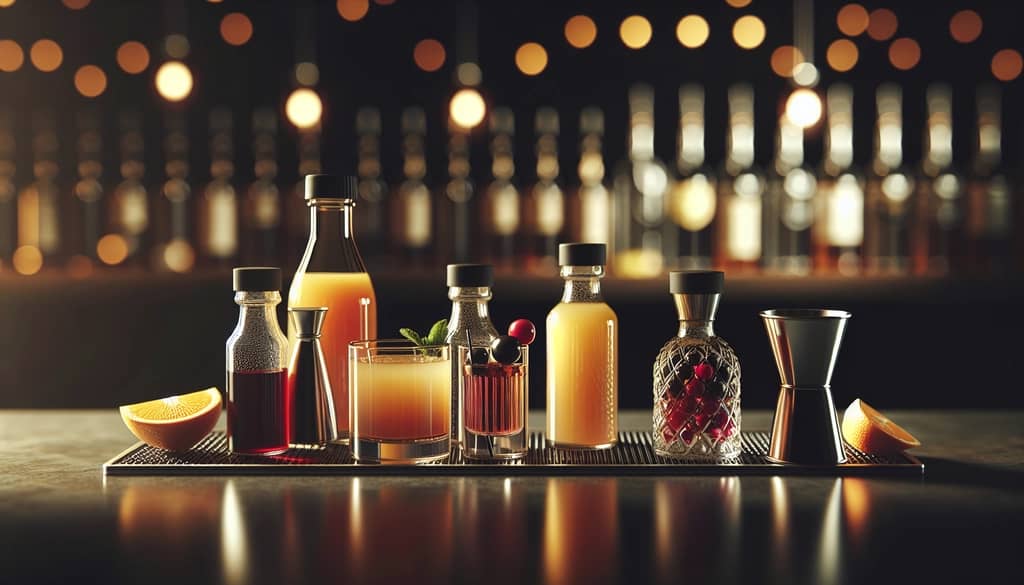 ingredients for a mixed juice cocktail on a bar surface