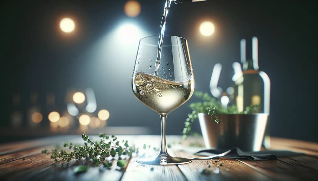 bartender pouring white wine into a mixing glass with fresh herbs