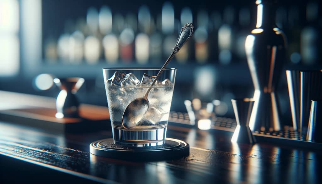 stirring hanky panky cocktail in mixing glass with bar spoon