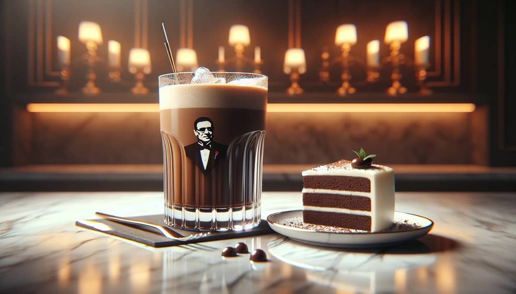 mocha godfather cocktail with dark chocolate cake