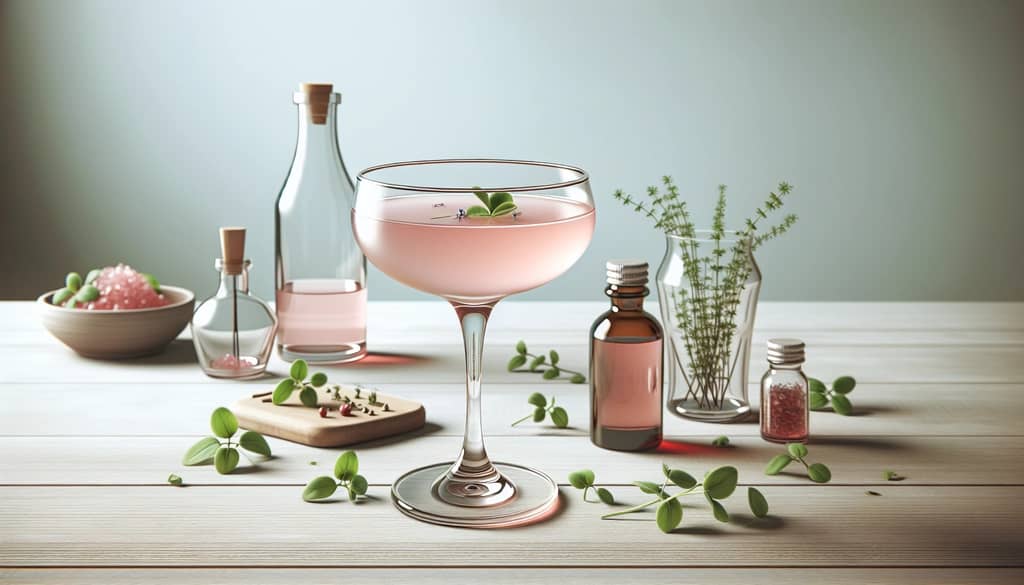 herbs and syrups next to a mocktail coupe glass