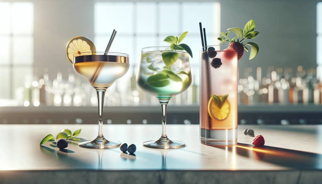 assorted mocktails on bar in various glassware