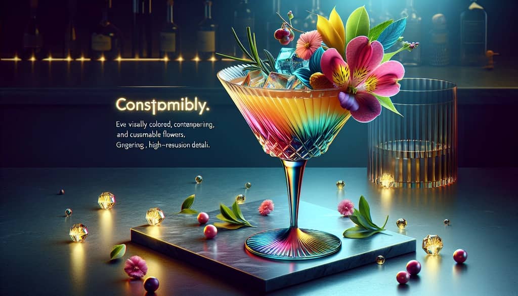 moderner Cocktail mit aufwendiger Garnitur auf einer Marmorbar