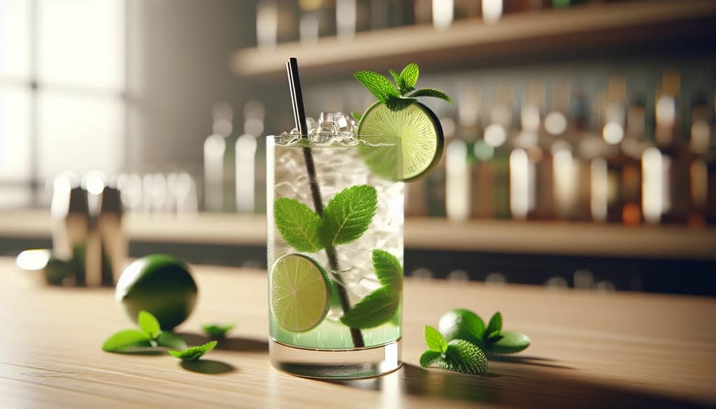 Mojito cocktail in a tall glass with mint sprig garnish