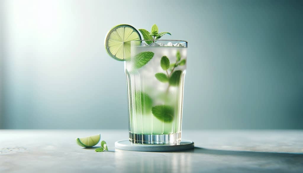 mojito in collins glass with lime and mint garnish