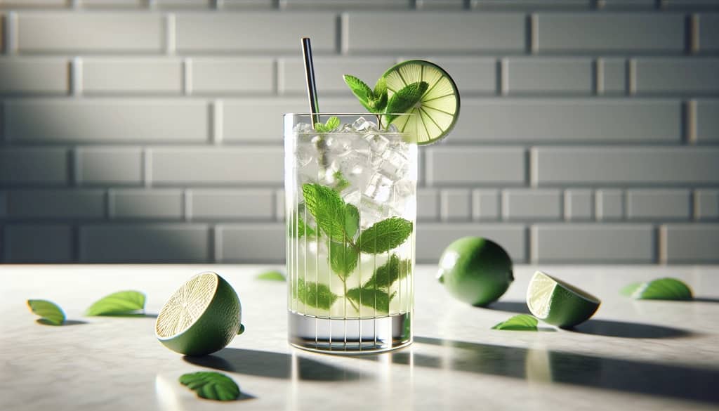 mojito cocktail in highball glass with mint and lime