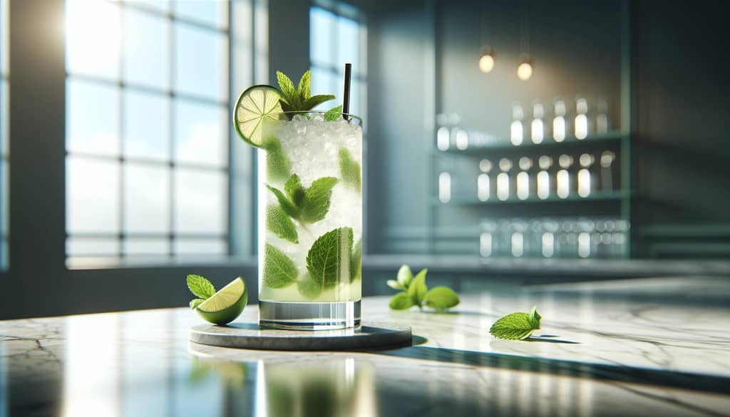 cóctel mojito en un vaso highball con decoración de menta y lima