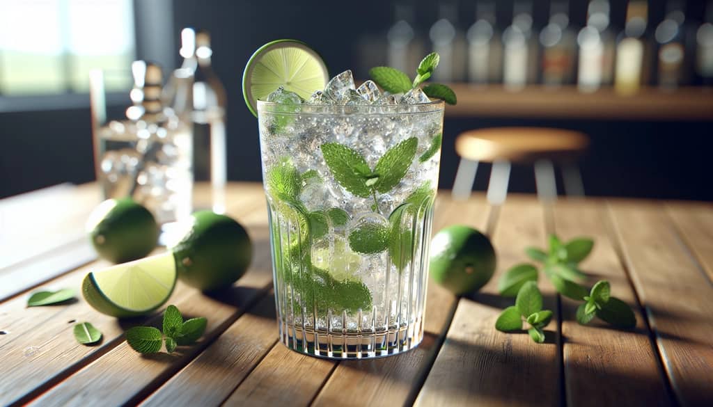 mojito glass with lime and fresh mint