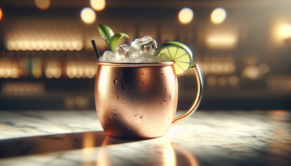 Moscow mule cocktail in a copper mug with lime