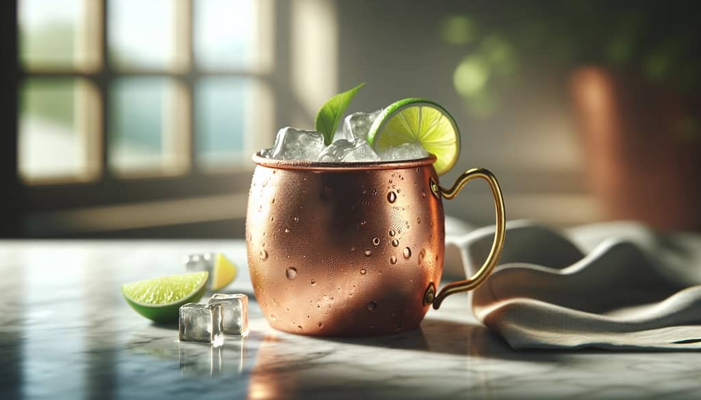 moscow mule in copper mug with lime