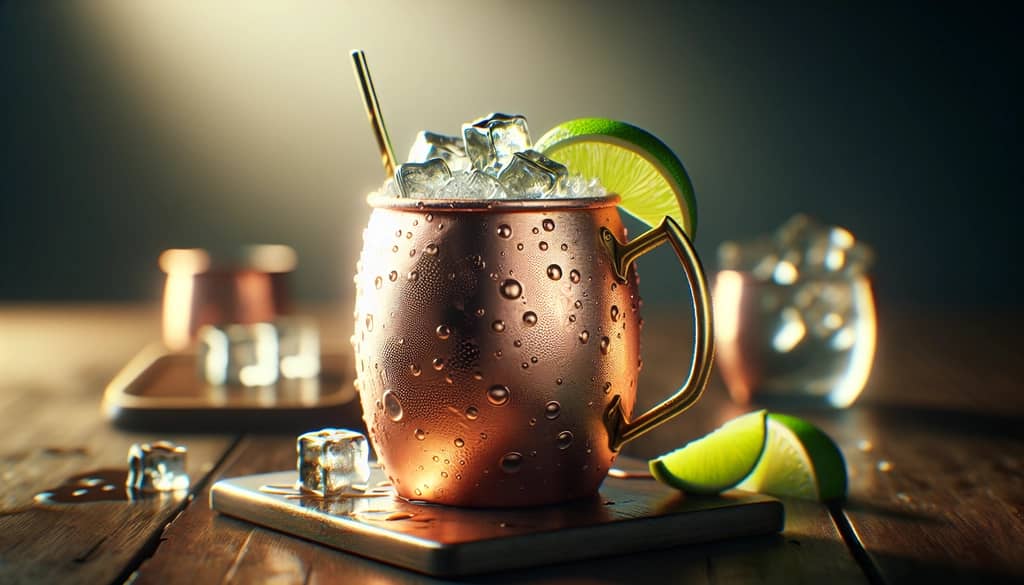 Moscow Mule dalam mug tembaga dengan irisan jeruk nipis