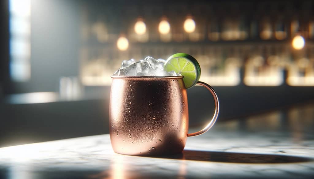 moscow mule cocktail in a copper mug with lime wedge