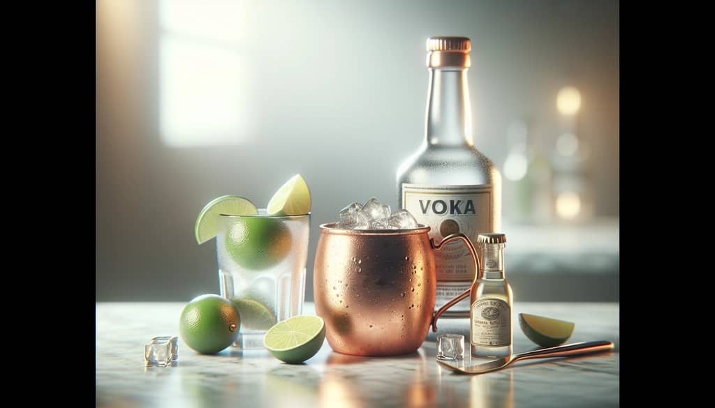 Moscow Mule ingredients beside a copper mug