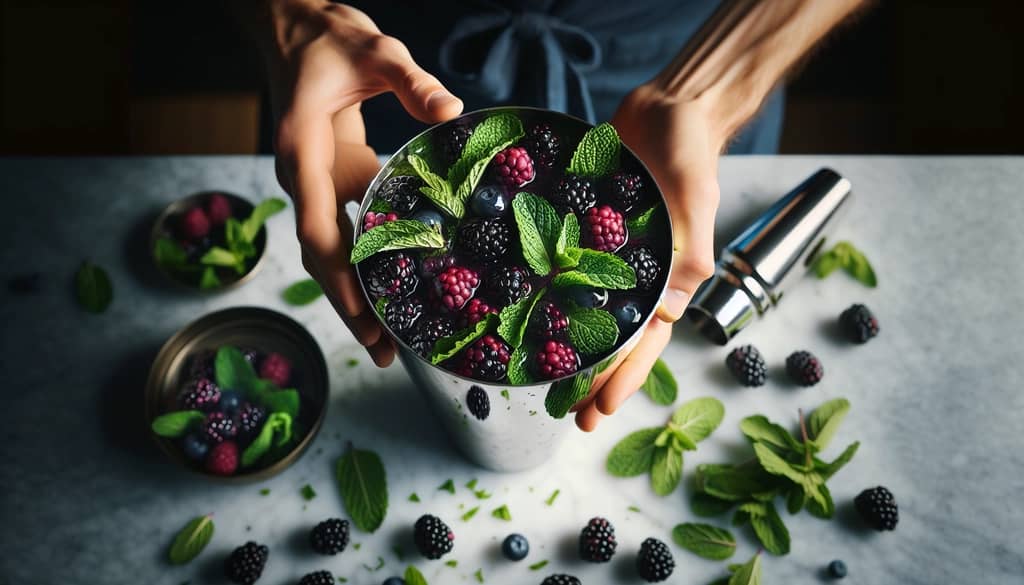 muddling blackberries and mint in cocktail shaker