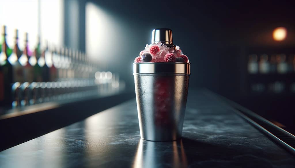muddled cocktail with frozen fruit in shaker
