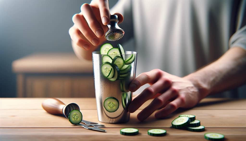 muddled cucumber and gin in cocktail shaker