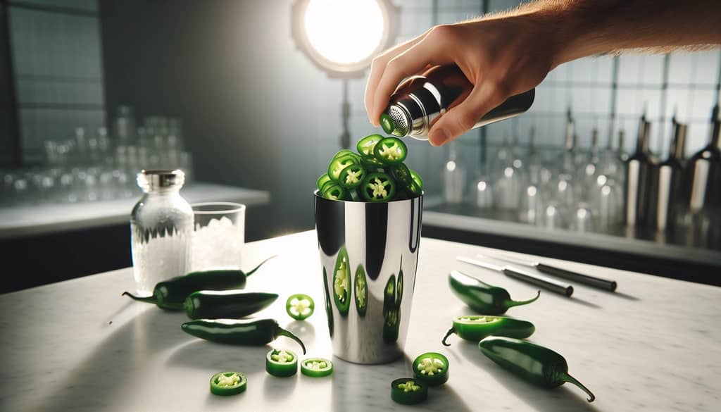 muddling jalapeños for spicy margarita preparation